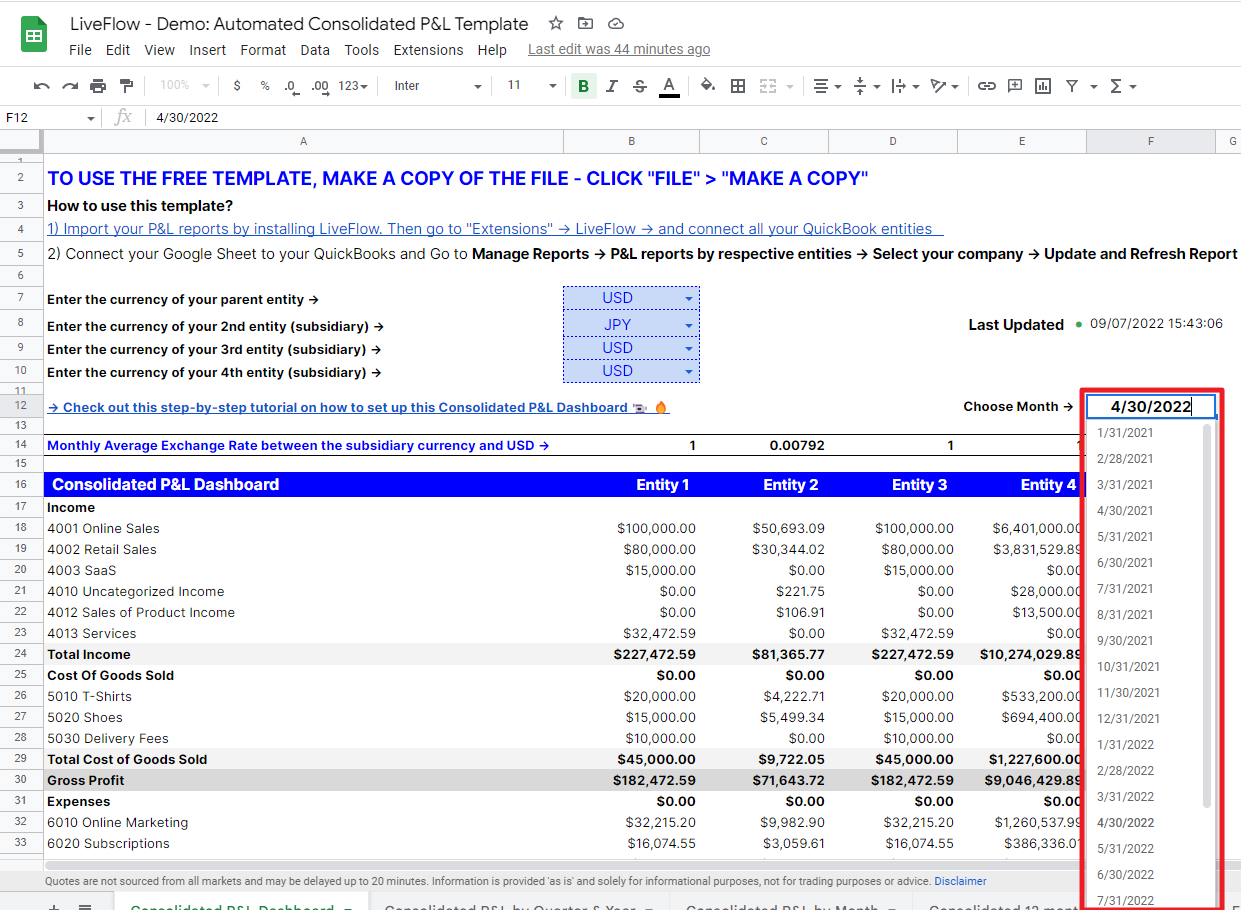 drop-down list looks like in a consolidated P&L template