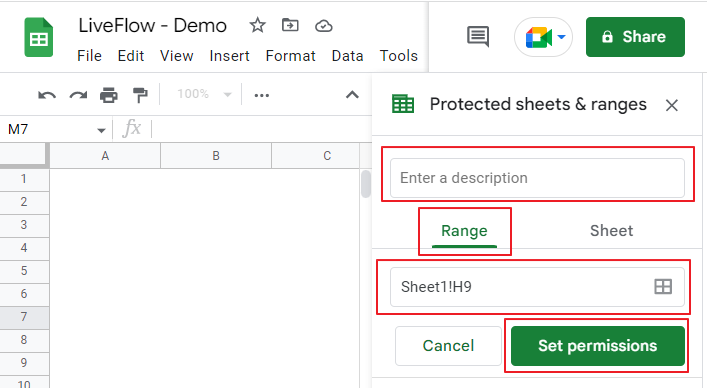 set permissions for the selected range