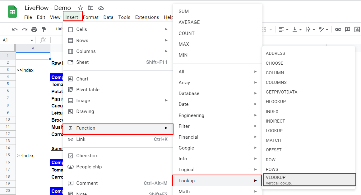 insert the VLOOKUP formula from the menu bar