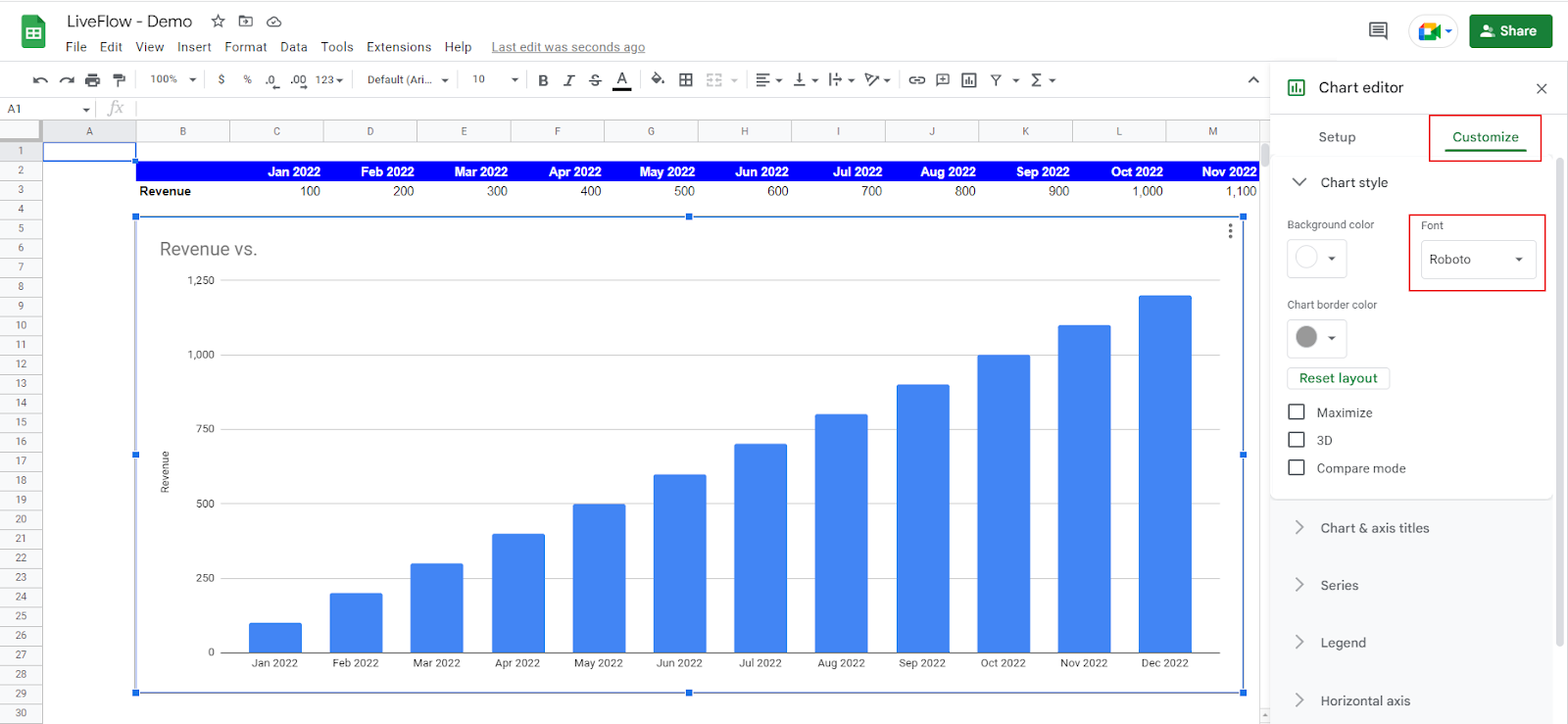 Change a font style of a column chart