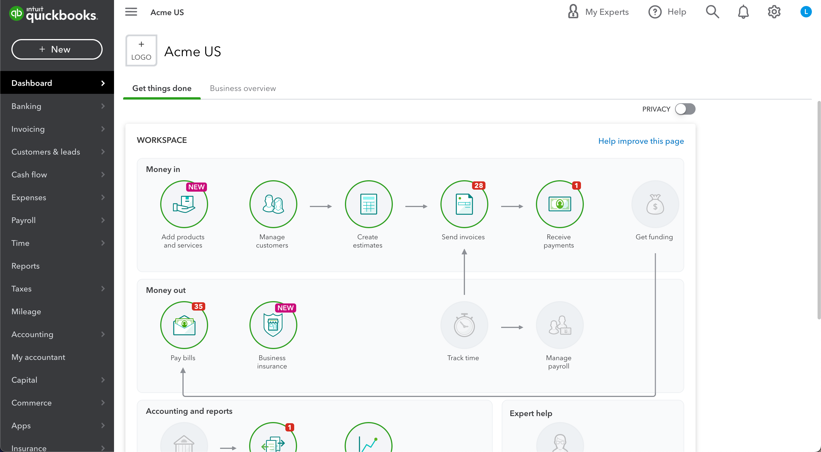 What is the QuickBooks Dashboard?