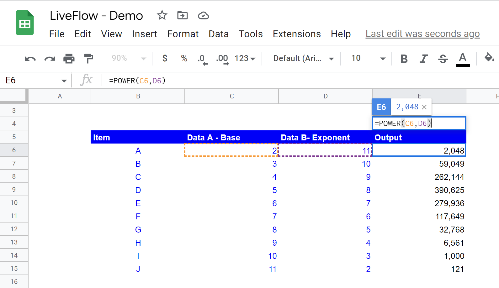 Use the POWER function in Google Sheets