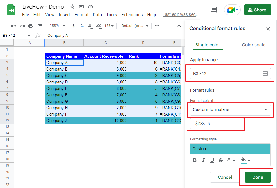 Color cells with Conditional Formatting based on values’ ranks