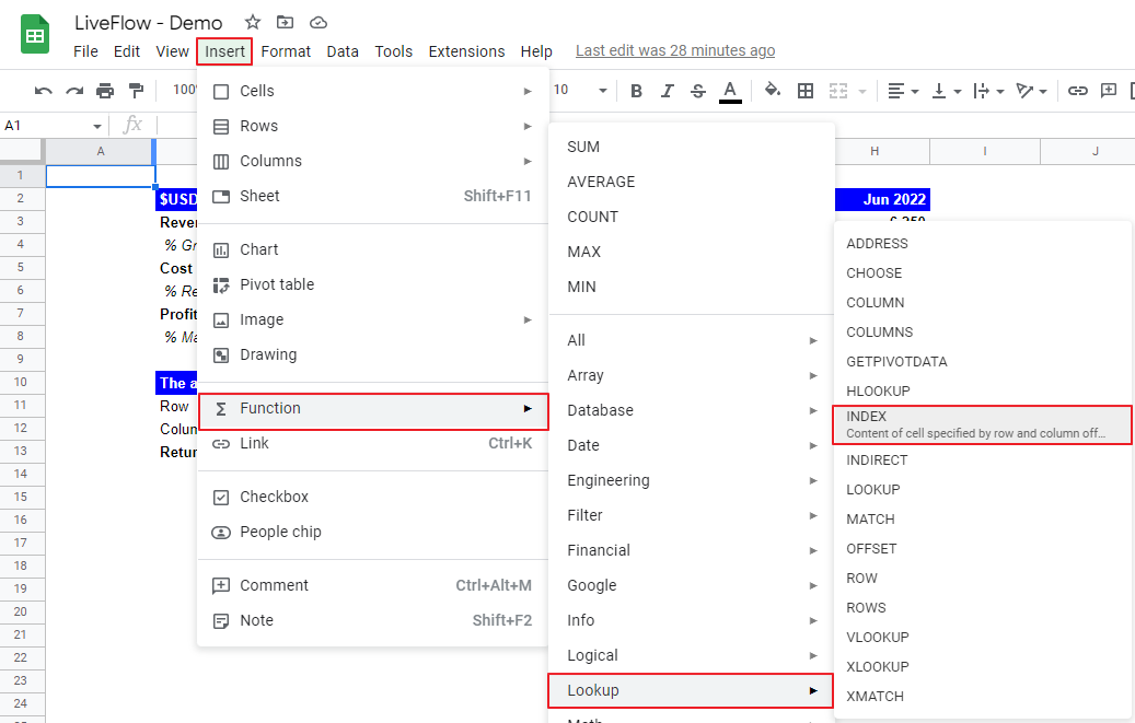 How to insert the INDEX function