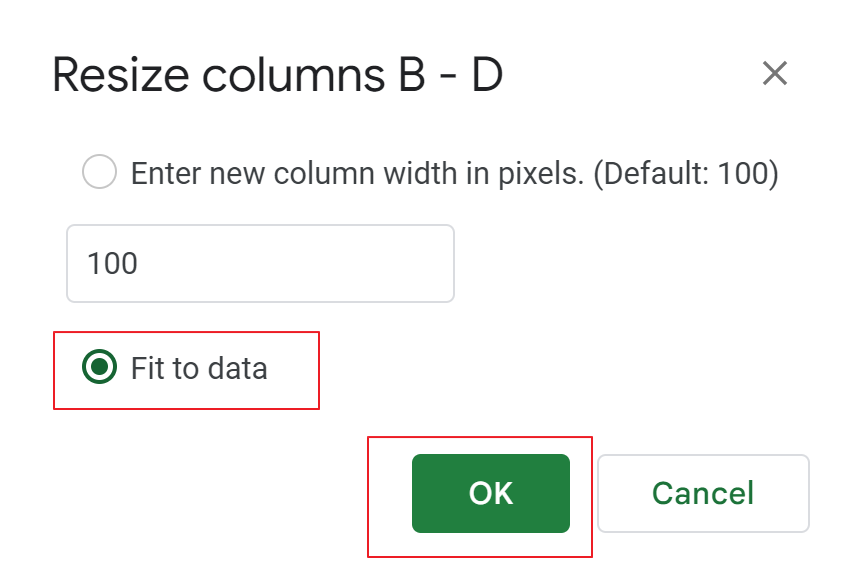 pop-up for column width adjustment menu looks like 