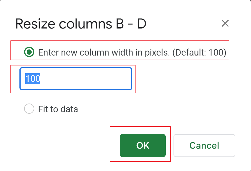 pop-up for column size adjustment menu looks like