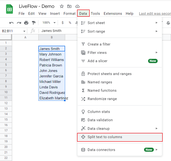 split the existing texts into columns