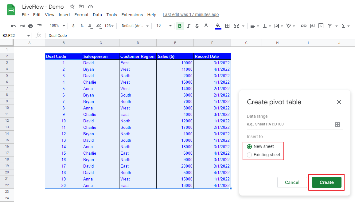 pop-up window to create a pivot table looks like