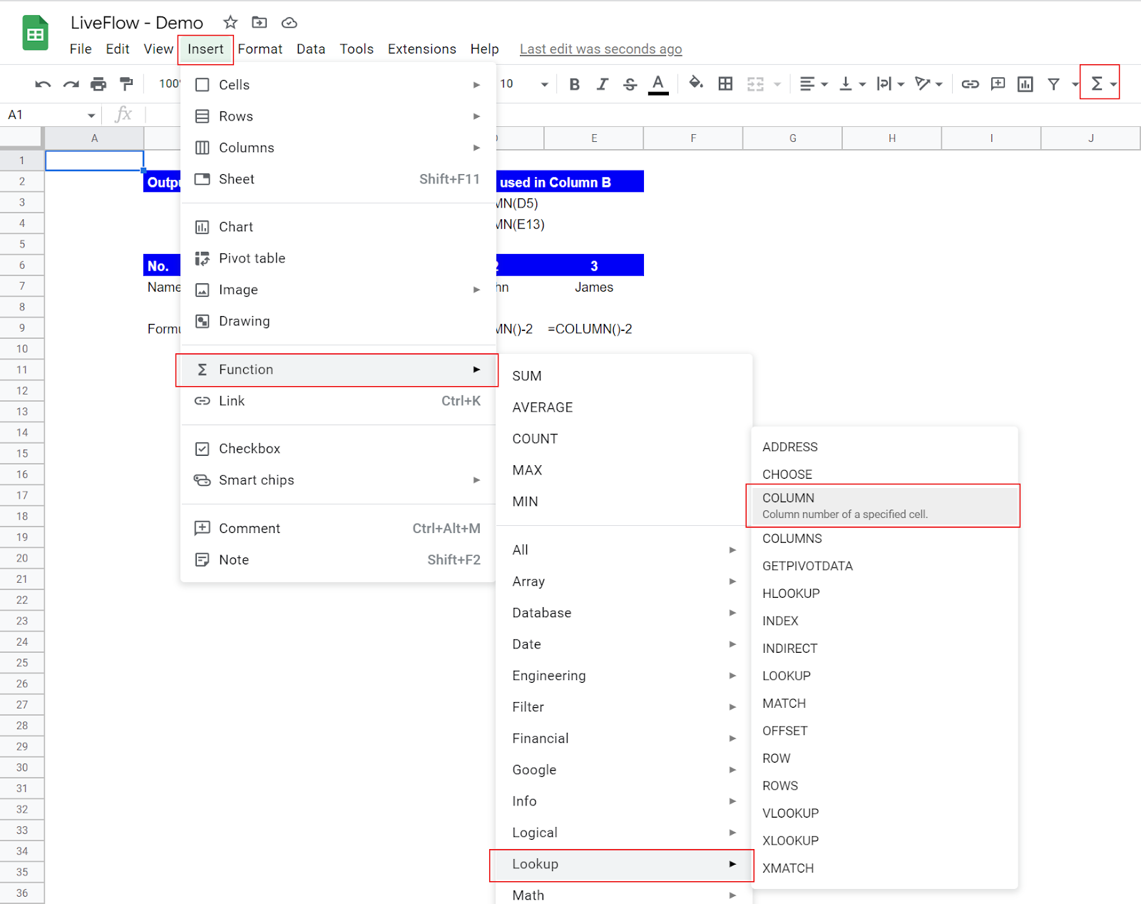 COLUMN Function in Google Sheets: Explained