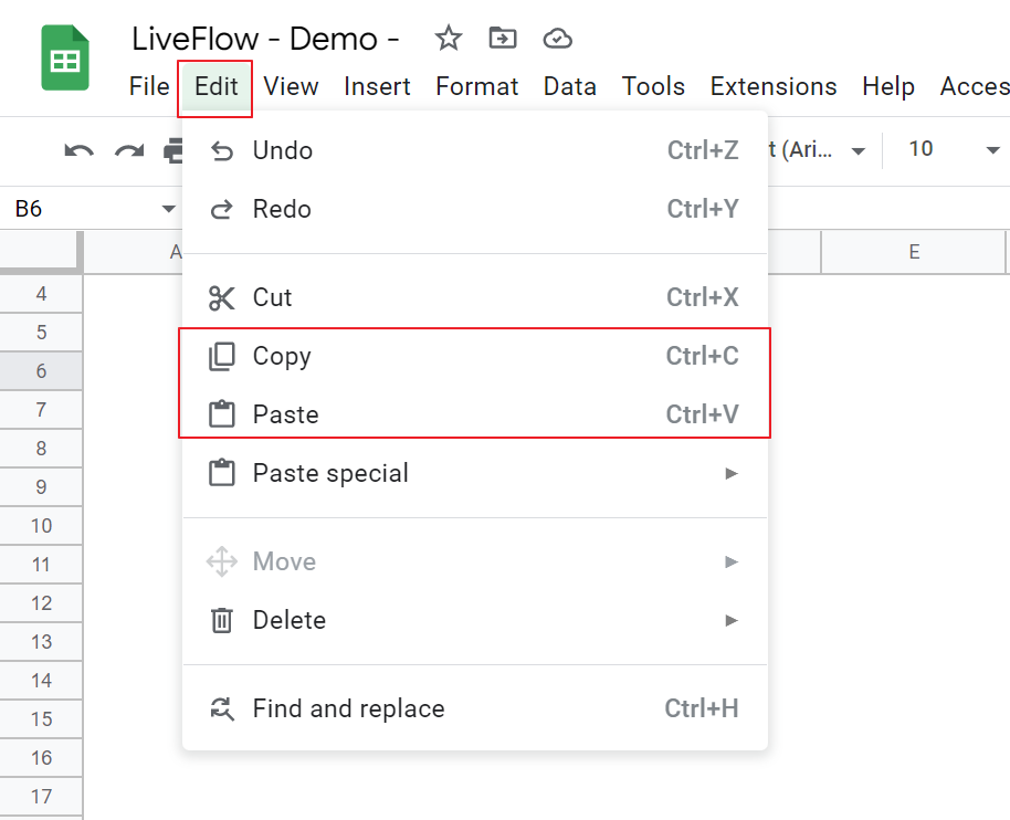 How to copy and paste from the toolbar