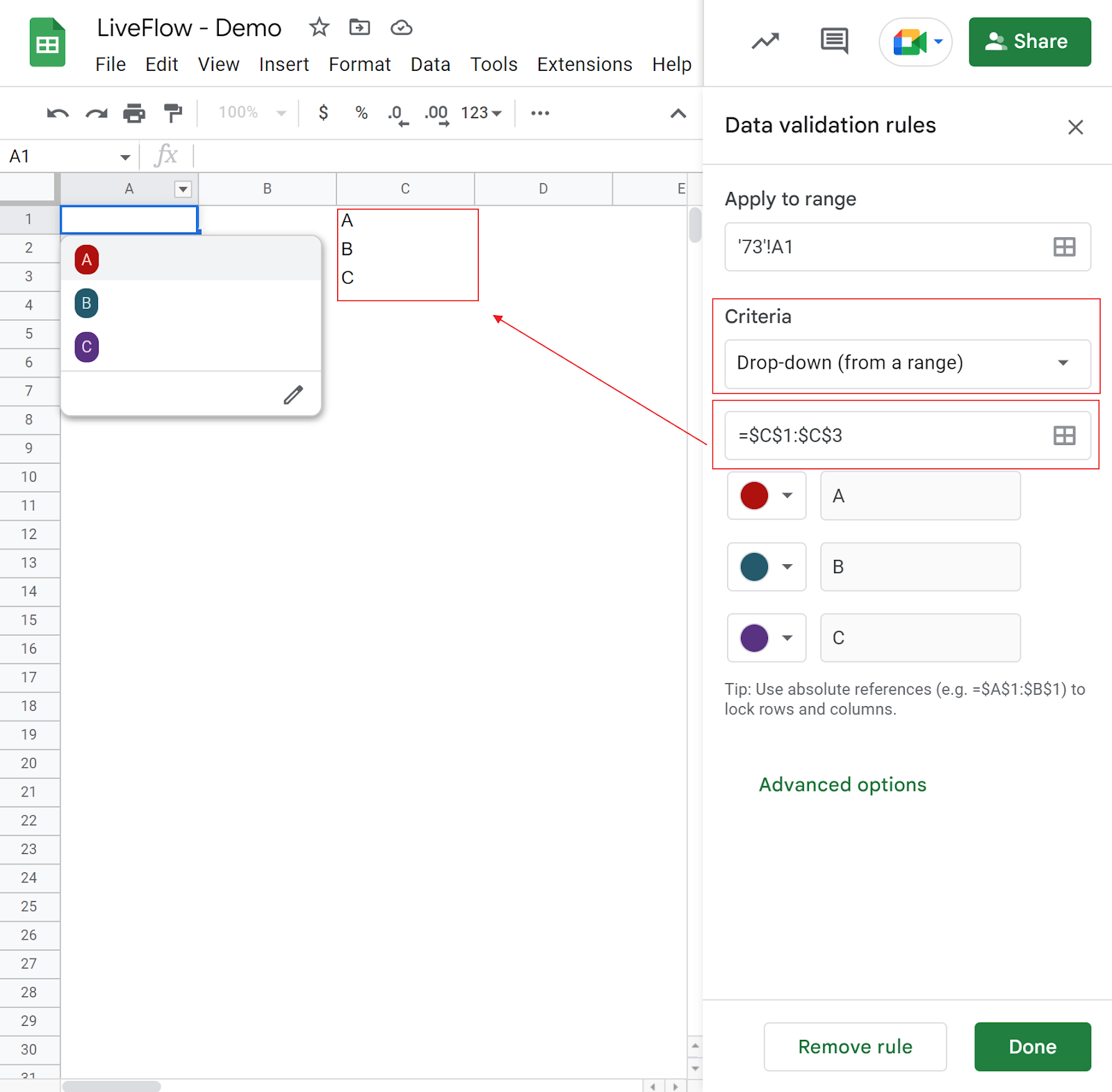 Drop-down (from a range) looks like