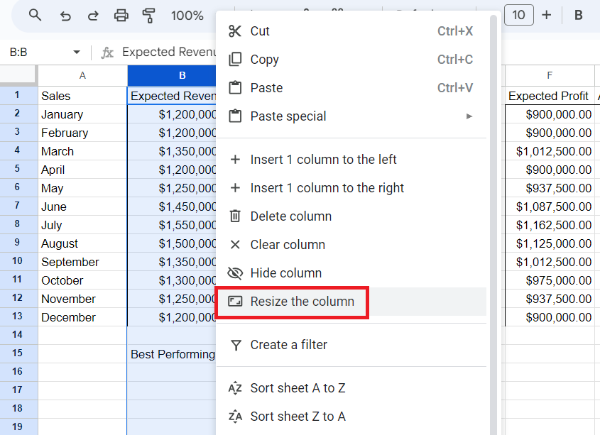 resize Google Sheets Column