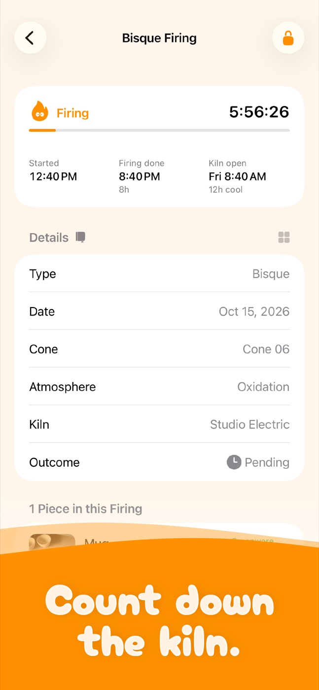 The PinchPot kiln timer on iPhone: Count down the kiln.