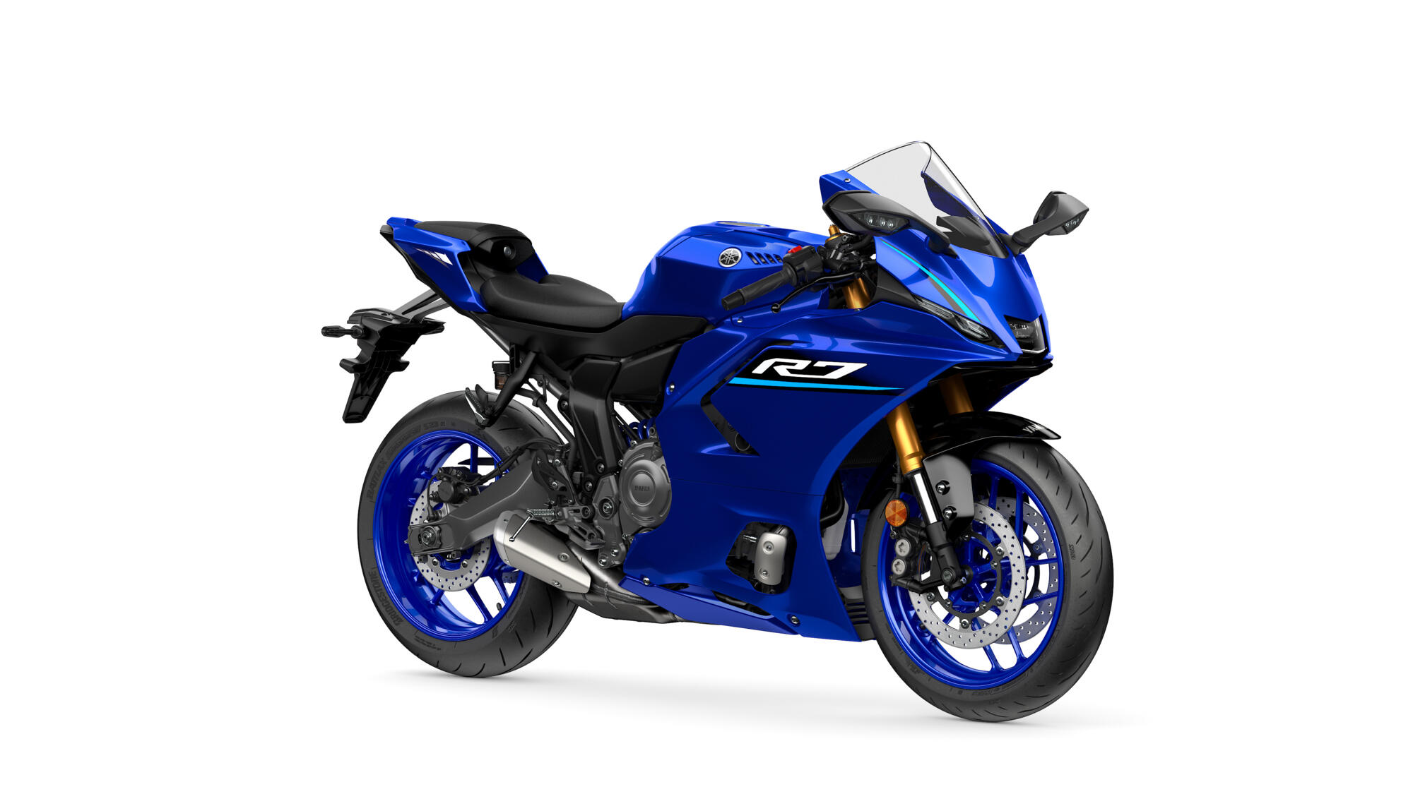 Blue Yamaha R7 sport motorcycle with black seat and blue wheels on a white background.