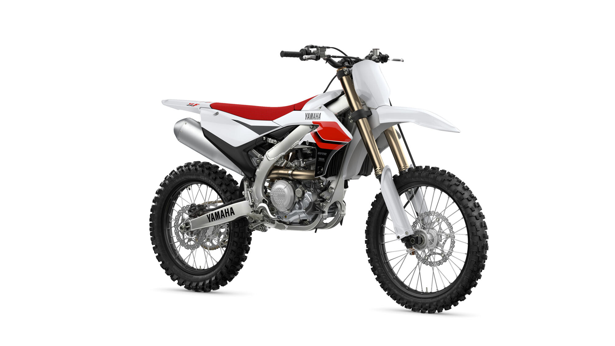 White and red Yamaha dirt bike with knobby tires displayed on a white background.