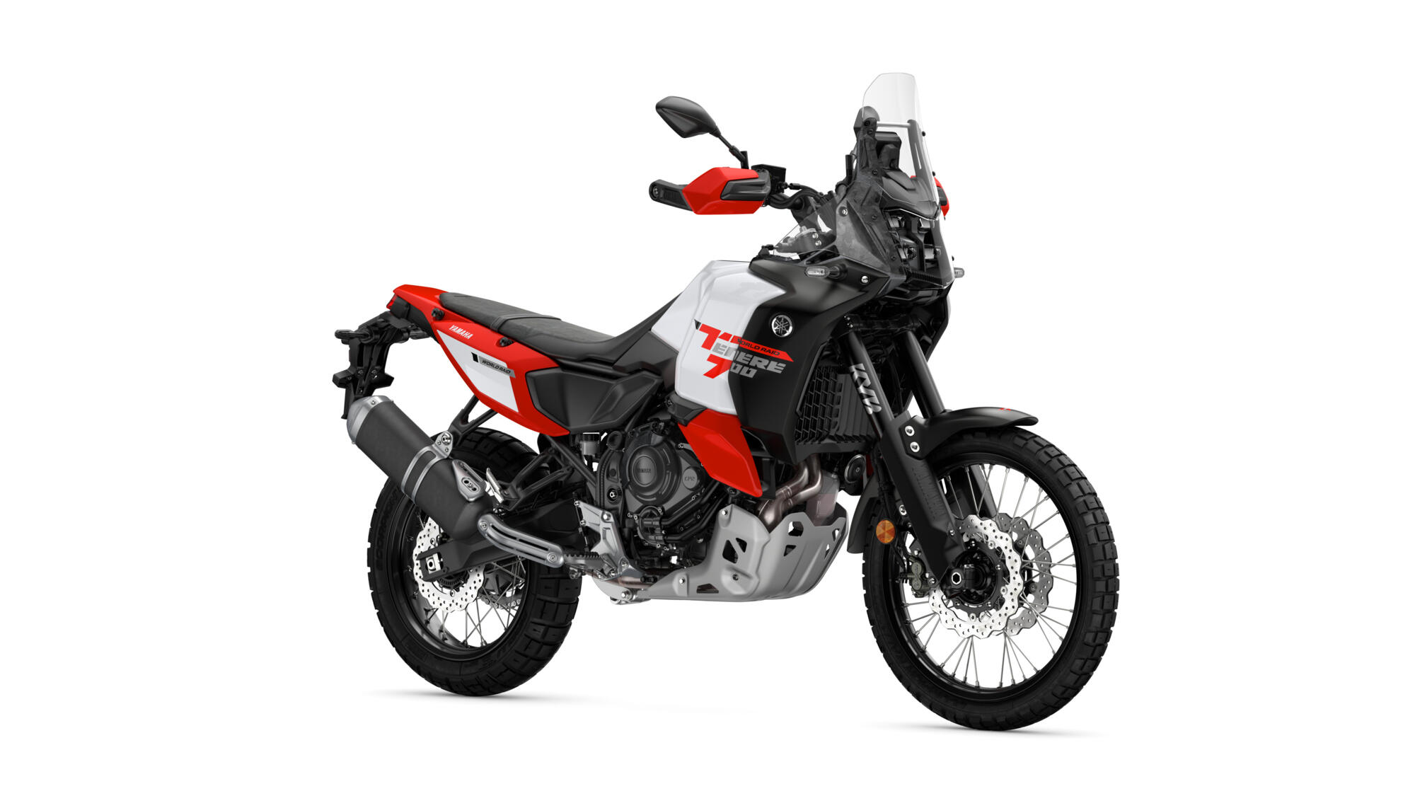 Red, white, and black Yamaha adventure motorcycle with windscreen and off-road tires on white background.