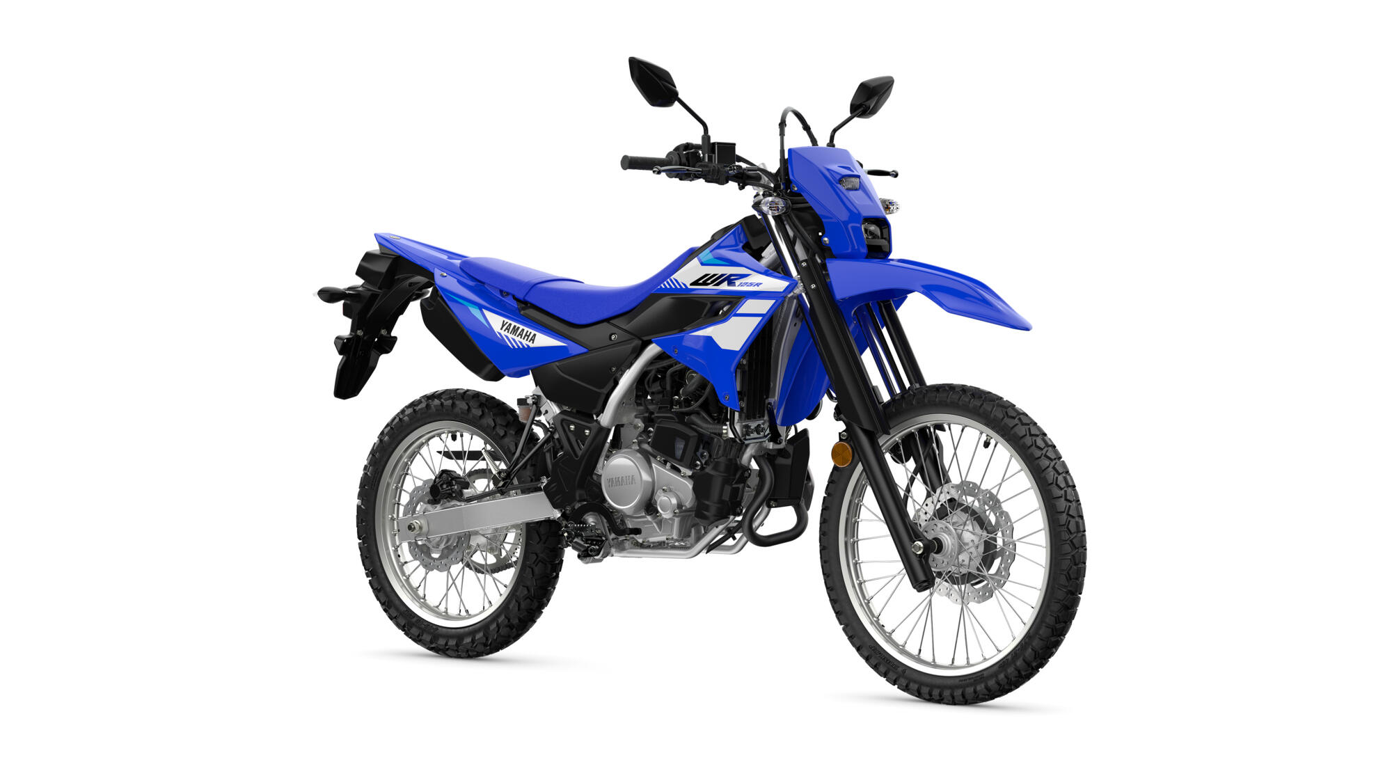 Blue Yamaha WR125R dirt bike with knobby tires viewed from the right side on a white background.