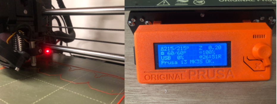 Figure 3: (left) the printer printing the first layer of brim and raft. (right) printer’s control panel showing nostril and bed’s temperature and printing time left.