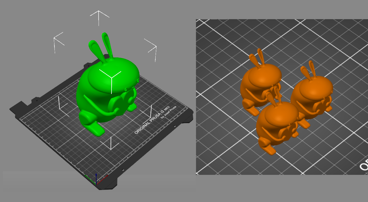 left) slicing workspace with a huge bunny object on it. (right) three rescaled bunnies with optimized arrangement.