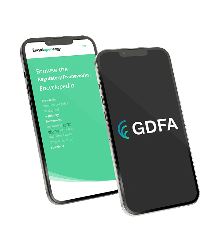 mockup of two iphones, one with GDFA logo, the other with Encyclopenergy website on it