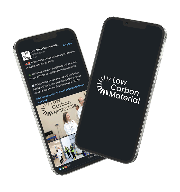 mockup of two phones showing the logo of low carbon materials and a linkedin post about a royal visit with a photo of Prince William.