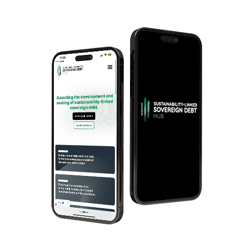 two iphone mockups, one with website preview, the other with Sustainability-linked Sovereign Debt Hub logo