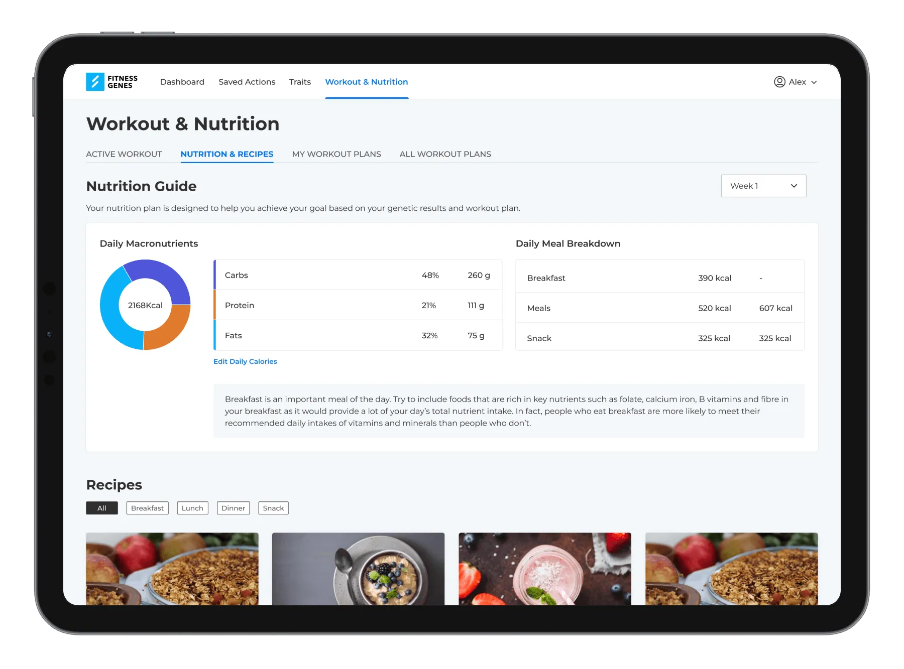 A tablet displaying the Workout & Nutrition section of the FitnessGenes members' area with a nutrition calculator and recipes