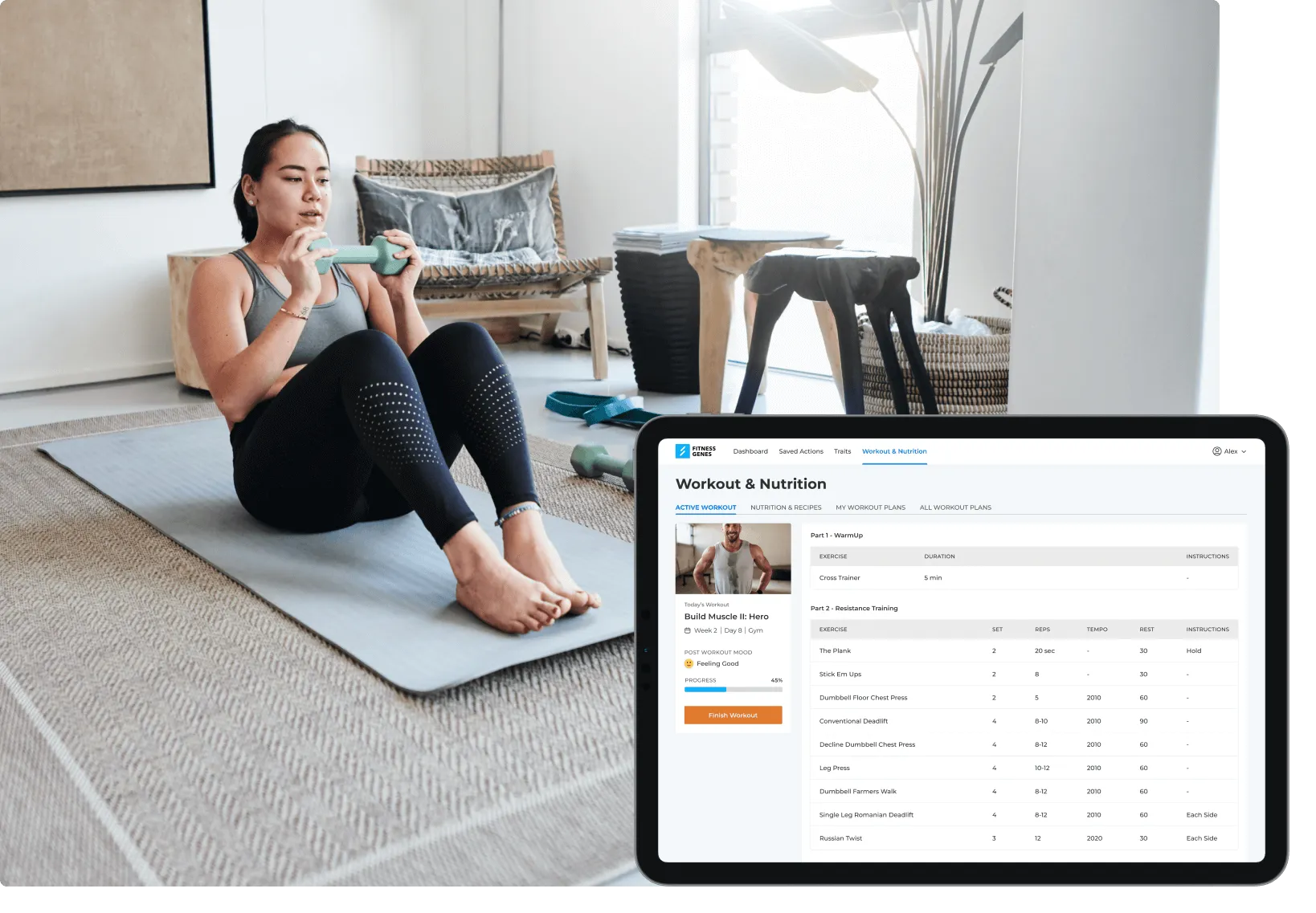 Young following her Genetic Workout Plan at home with dumbbells and bands