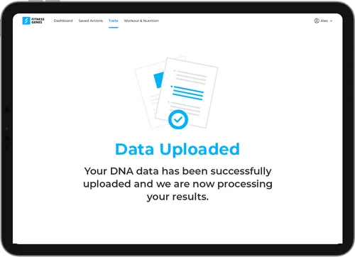 FitnessGenes dashboard confirming DNA data upload and processing status on a tablet screen.