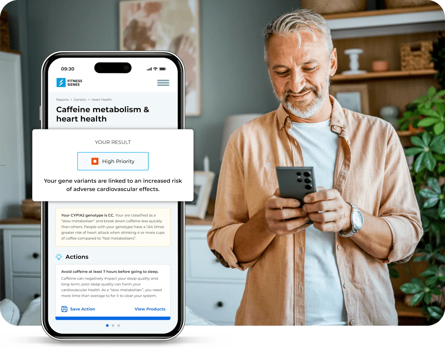 Person smiling while viewing FitnessGenes app showing DNA reports and personalized health insights on a smartphone.