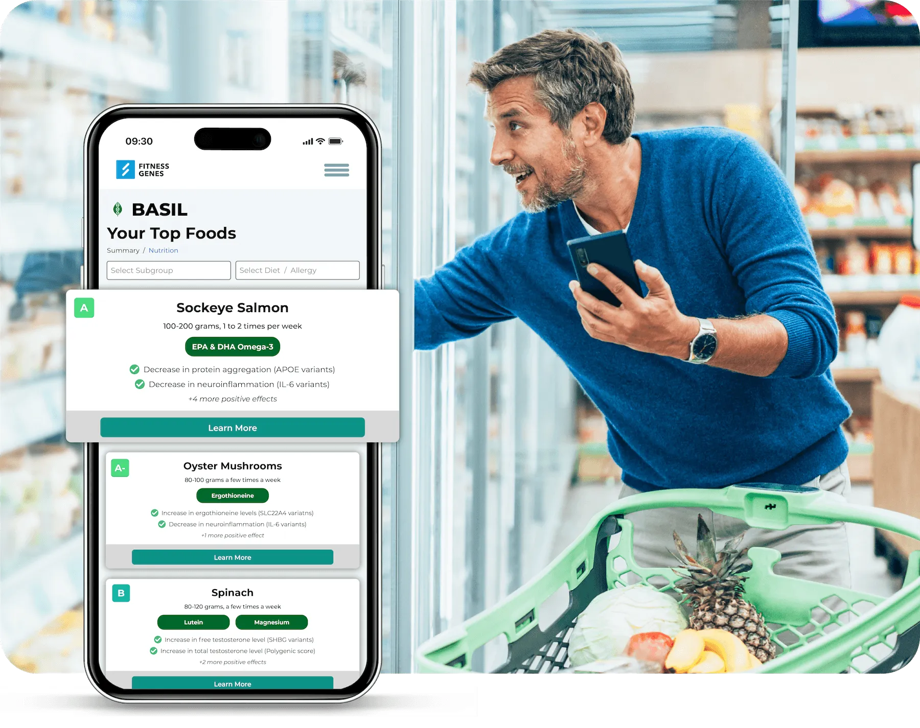 Person in a grocery store viewing FitnessGenes app with personalized food recommendations and nutrition insights.