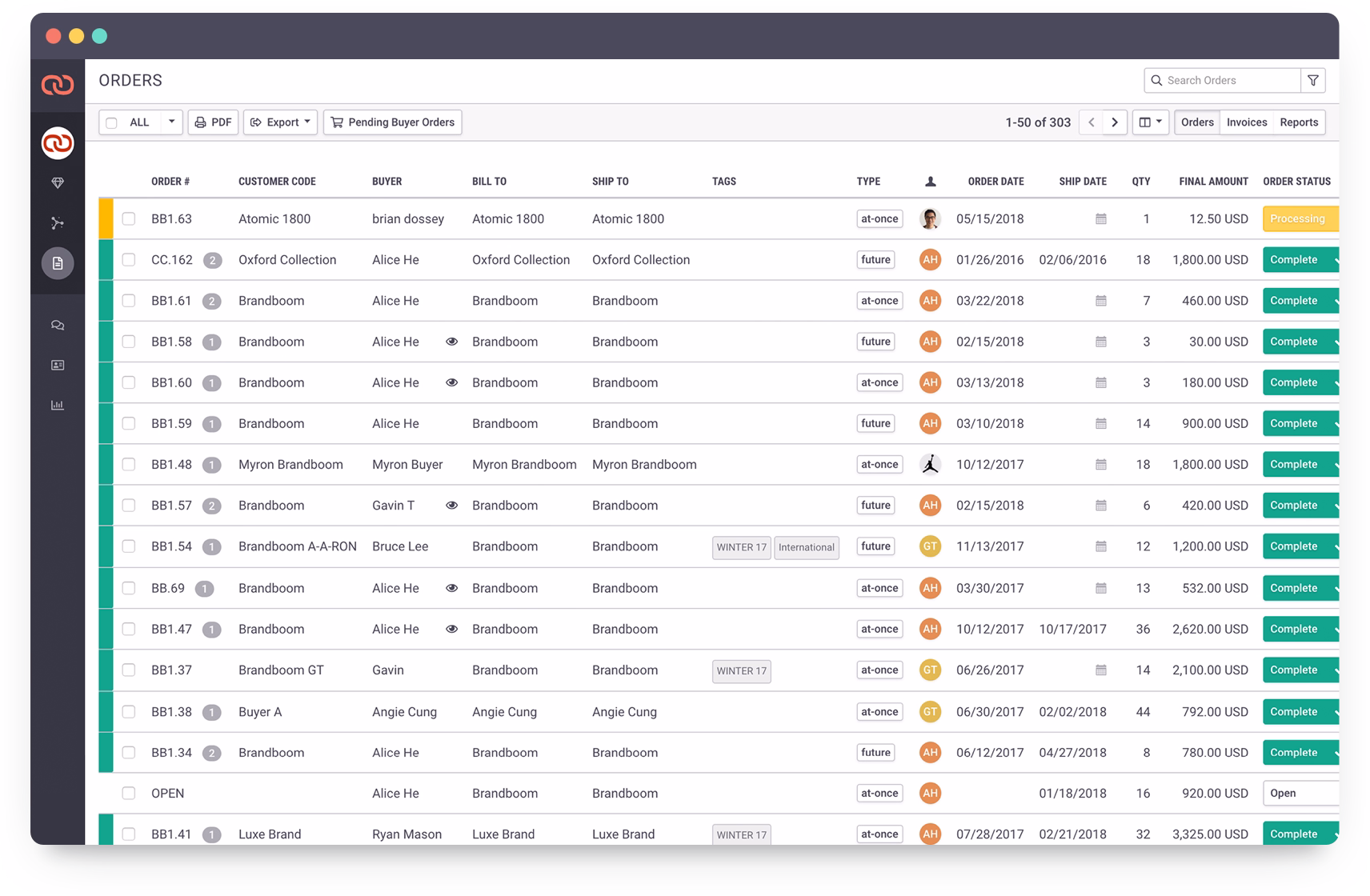 Revolutionize your wholesale business with Brandboom|Products selected and new order being created|Order settings panel|New order showing on an iPad|Open order showing with Shipping date picker enabled|Fully track inventory and orders|Set Payment Terms & Shipping Options|Download|Download PDF settings panel open with Packing Slip template option selected|Easily capture and manage orders|Window showing order being duplicated|Price list options panel|Interactive multimedia Linesheets and Lookbooks BRANDBOOM