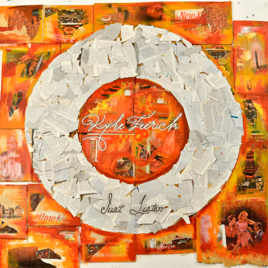 A circular collage, consisting of torn magazine pages and acrylic paint in warm orange and red hues