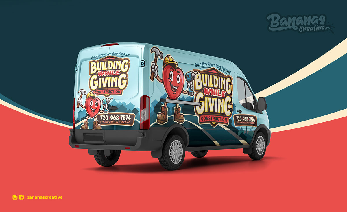 Building While Giving Construction vehicle wrap with heart mascot and bold branding design