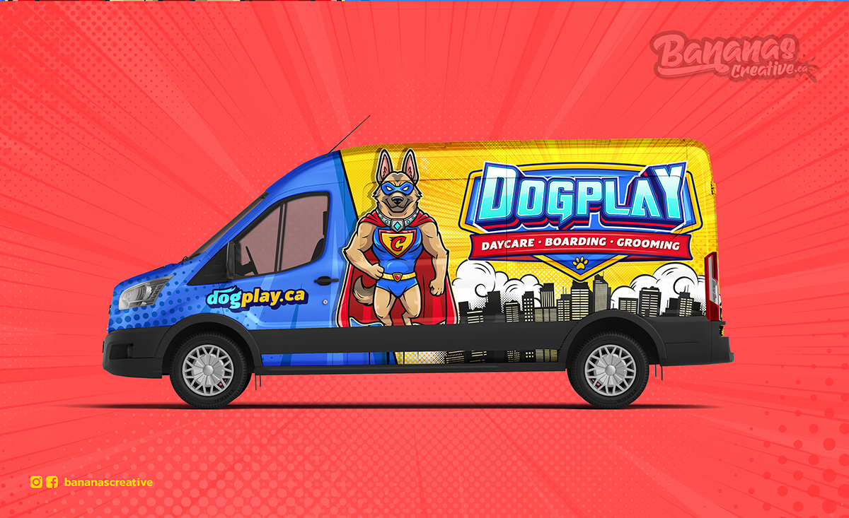 DogPlay vehicle wrap design for dog daycare and grooming business