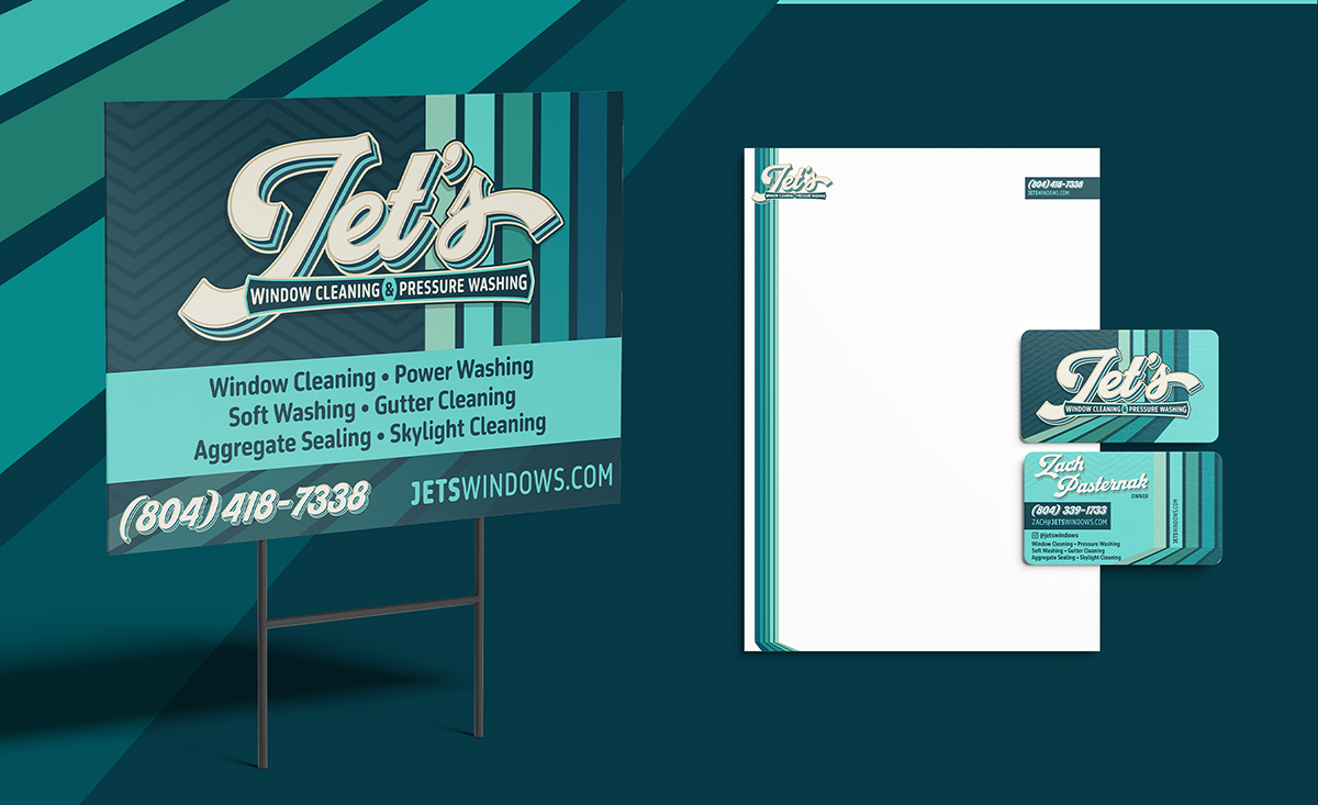 Business cards and stationery design for Jet’s Window Cleaning & Pressure Washing company in Richmond