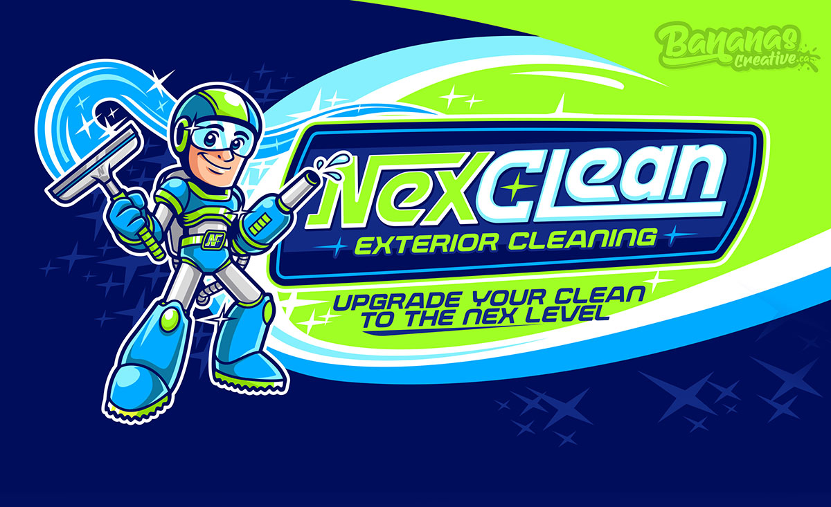 NexClean Exterior Cleaning logo and custom mascot hero design