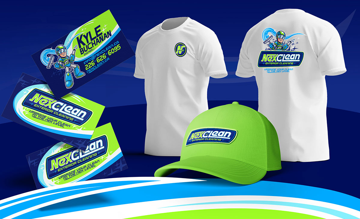 NexClean Exterior Cleaning branded apparel, business cards, and promotional materials