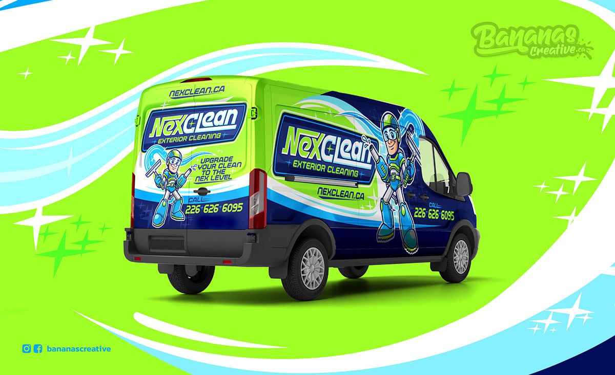 NexClean Exterior Cleaning vehicle wrap featuring futuristic mascot and bold hero-inspired branding