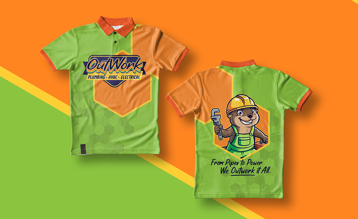 OutWork branded work shirts featuring mascot and logo designed for plumbing, HVAC, and electrical technicians.