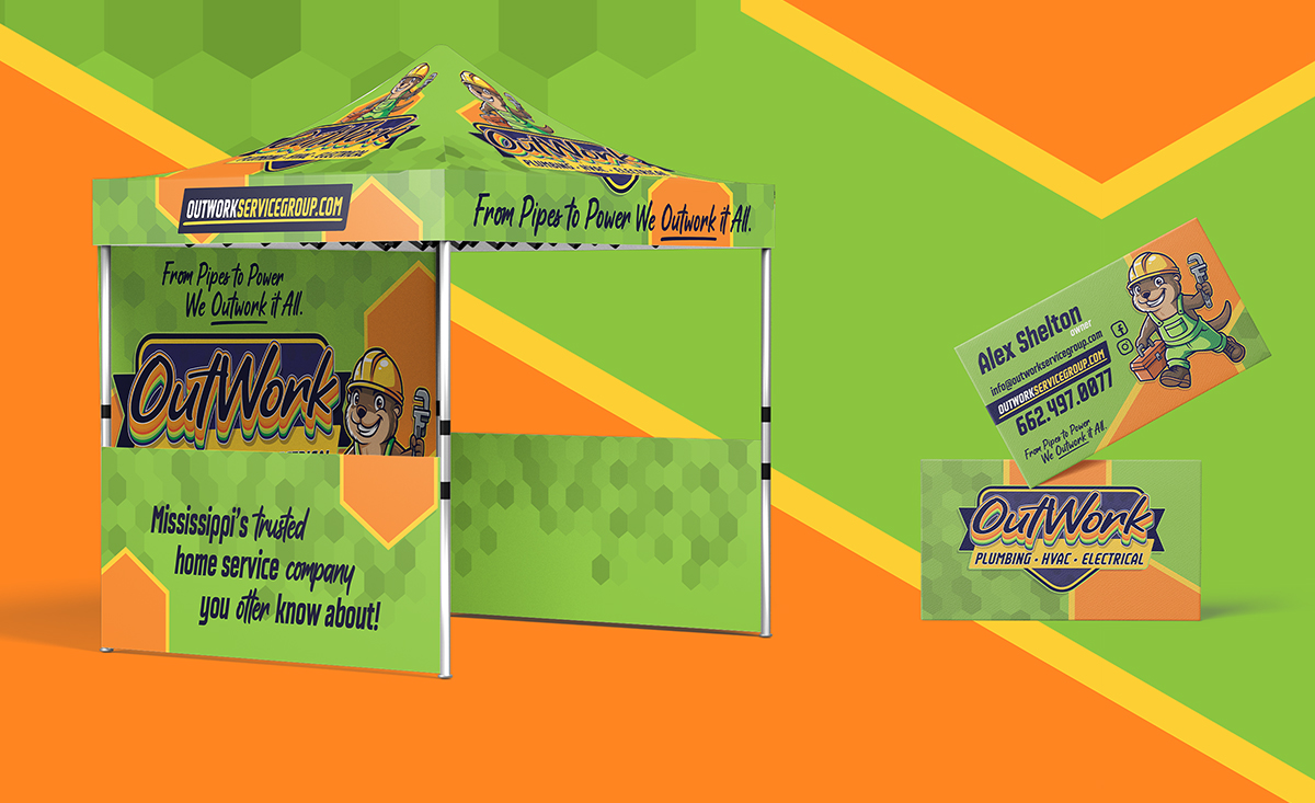 OutWork event tent and promotional materials showcasing consistent branding for a plumbing, HVAC, and electrical service company.
