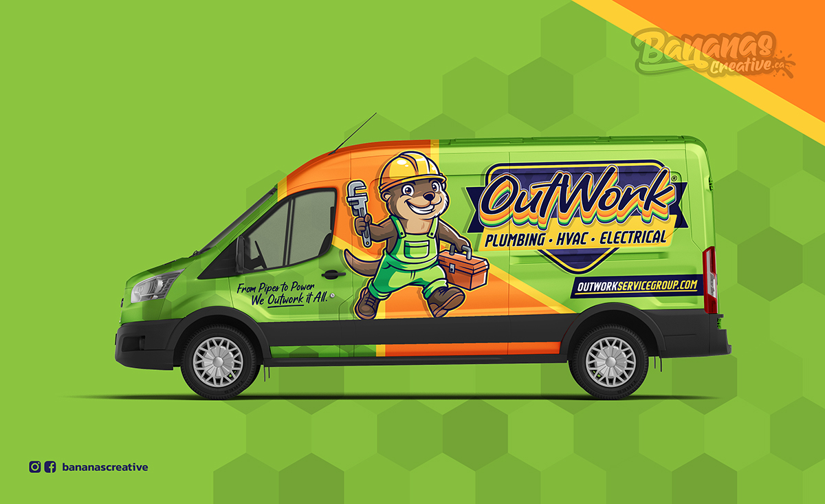 OutWork Plumbing HVAC Electrical vehicle wrap showcasing bold mascot-led branding for a multi-trade home service company.