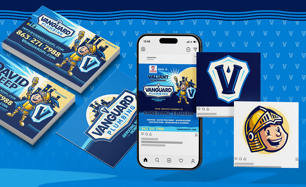 Branded marketing materials for Vanguard Plumbing including business cards and social media visuals designed by Bananas Creative.
