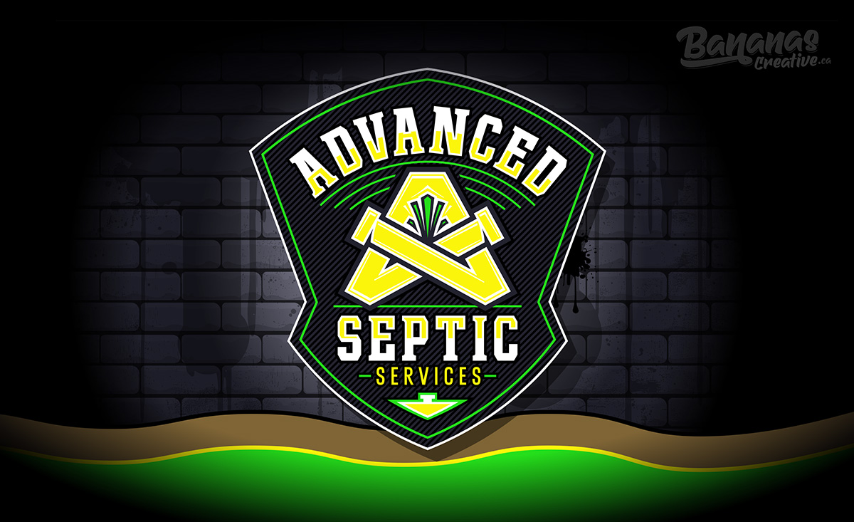 Custom logo design for Advanced Septic Services showcasing shield emblem and strong industrial typography by Bananas Creative.