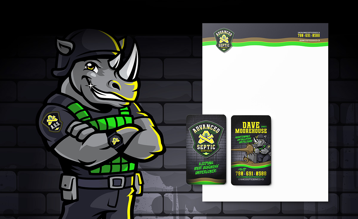 Branded apparel and merchandise for Advanced Septic Services featuring logo and mascot designed by Bananas Creative.