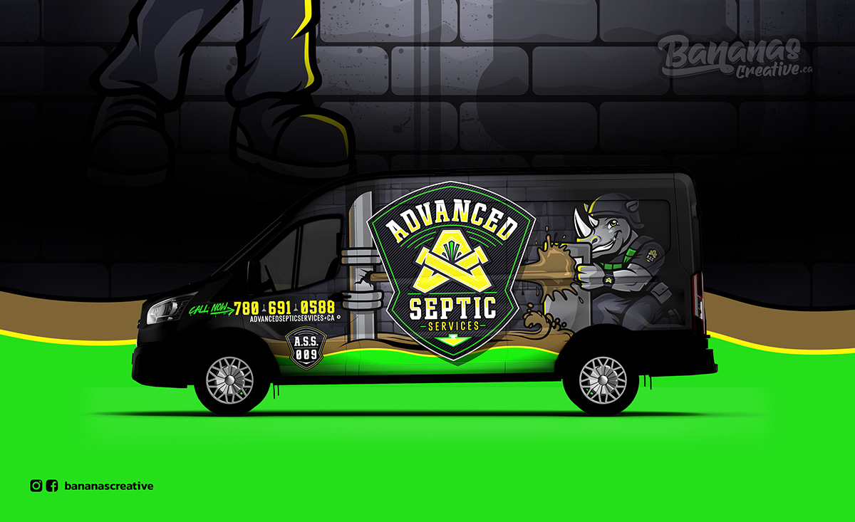 Branded print materials and visual system for Advanced Septic Services including business cards and marketing assets designed by Bananas Creative.
