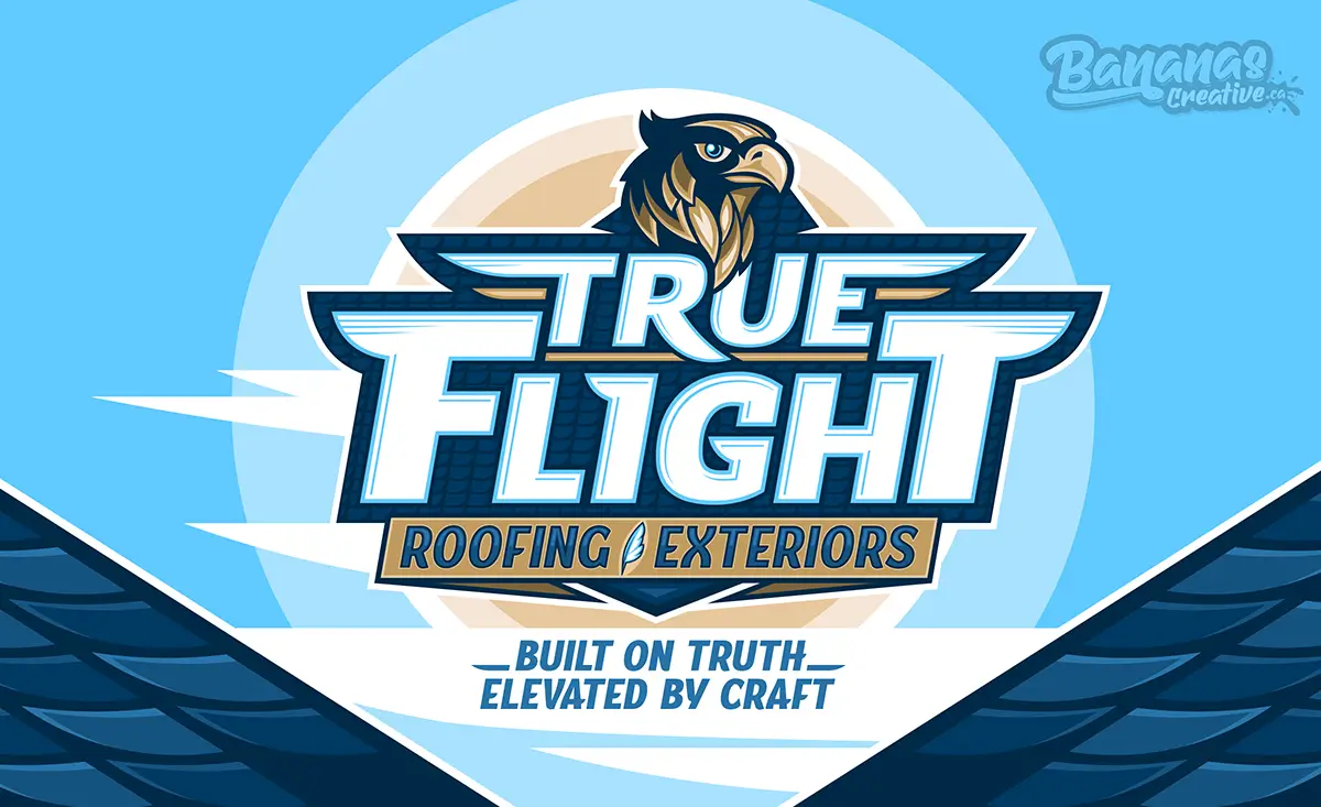 Logo and visual identity system for True Flight Roofing, created by Bananas Creative.