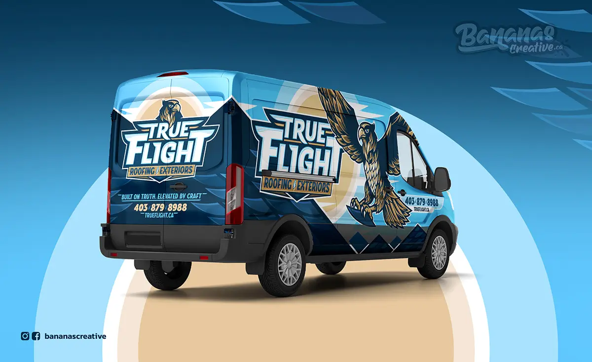 Vehicle wrap branding design for True Flight Roofing, showcasing a cohesive brand system developed by Bananas Creative.