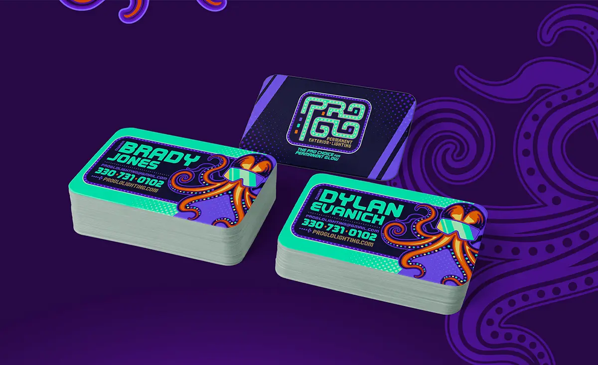Pro Glo branding collateral including business cards and marketing materials designed by Bananas Creative
