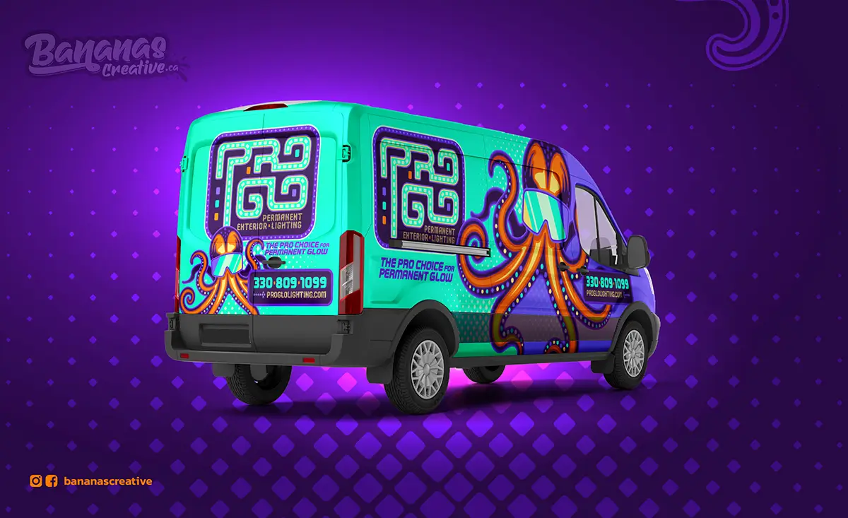 Vehicle wrap design for Pro Glo Permanent Exterior Lighting featuring bioluminescent branding by Bananas Creative